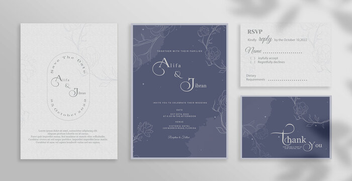 Minimalist Elegant Wedding Invitation Set with Blue Background