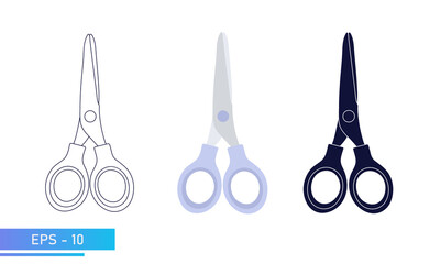 Scissors for children for hobbies and applications. In solid fill, in lines and in color. Hobby and leisure items. Vector illustration.