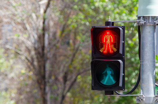 Red Man Light At A Pedestrian Crossing At The Street.