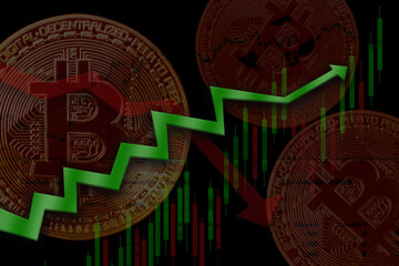 Stock signal arrow, uptrend, downtrend with blur Gold Bitcoin crypto currency and candlestick. symbols forex trade chart stock market trade.plan investment profit income business finance 2022 new year