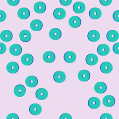 Pastel green donut circle pattern. Arranged in groups on a pink background. The design concept is a fabric pattern, wallpaper.