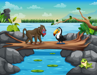 Fototapeta premium Cute cartoon baboon and toucan crossing the river