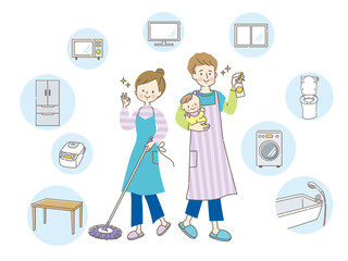 家の中を除菌する笑顔の夫婦と家具と家電