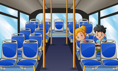 Cartoon teenage boy and girl singing inside the bus © dreamblack46