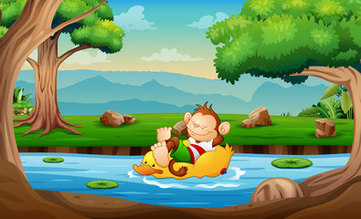 Fototapeta na wymiar Cute a monkey relaxing on duck lifebuoy in the river illustration