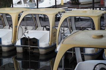 洗足池にスワンの形をした貸しボートが並ぶ