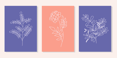 Abstract floral line art set of 3 minimalist prints. Vector design elements of nature for poster, prints, t-shirt, wall art, logo, banner, canvas prints, home decor, cover, wallpaper.