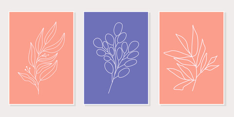 Abstract floral line art set of 3 minimalist prints. Vector design elements of nature for poster, prints, t-shirt, wall art, logo, banner, canvas prints, home decor, cover, wallpaper.