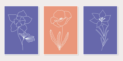 Abstract floral line art set of 3 minimalist prints. Vector design elements of nature for poster, prints, t-shirt, wall art, logo, banner, canvas prints, home decor, cover, wallpaper.