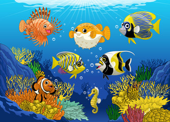 Fototapeta na wymiar Beautiful Coral Ree with Cartoon Fishes