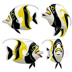 Cartoon Set of Moorish Idol Fish in Various Poses
