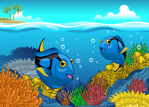 Cute Cartoon Blue Tang Fish Swim in the Coral Reef