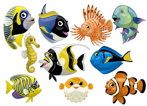 Set of Cartoon Coral Fish