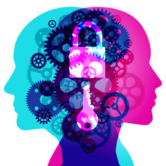 A Male and Female side silhouette profile overlaid with various semi-transparent machine Gears shapes. Centre placed is a translucent white Padlock and Key icon.