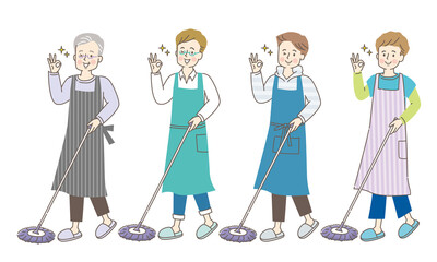 フローリングを掃除する男性の表情セット