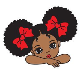 Cute little African American black girl with afro puff hair vector illustration.