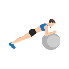 Woman doing Swiss ball plank. abdominals exercise flat vector illustration isolated on white background