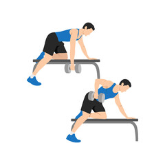 Obraz premium Man doing Single arm bent over row exercise. Flat vector illustration isolated on white background. workout character set