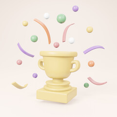 3D Rendering golden trophy and confetti explode on gold background concept of winner. 3D Render. 3D illustration. Minimal design template. Square frame.