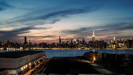 Panorama of the New York City Skyline at sunset on a sunny day