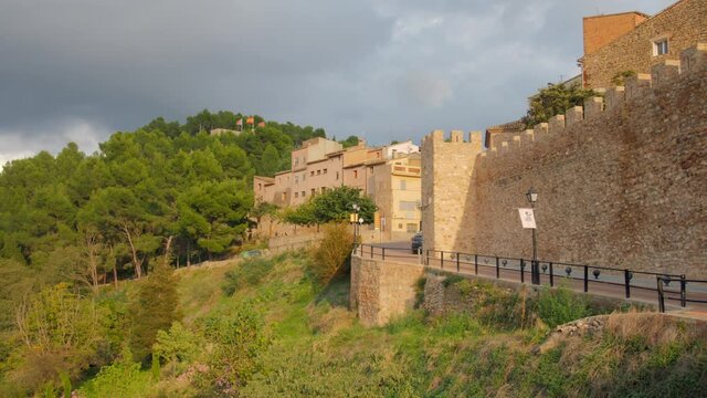Medieval Wall Of The Castle Of Alcazar On The Slopes Of Sopena In Segorbe, Spain. wide panning, 4k