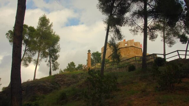 Castle Of Alcazar On Top Of A Hill, Slopes Of Sopena In Segorbe, Valencian Community Of Spain. low angle, panning 4k
