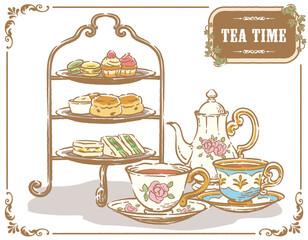 ティータイムのアンティーク小物 スイーツ 3段スタンド ベクターイラスト素材 Aged Wall Mural Ag 夏妃 吉野