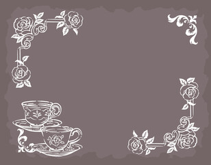 ティー・タイム、アンティーク小物のフレーム素材。ティーポットやティーカップ。ベクターイラスト素材