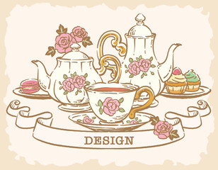 ティー・タイム、アンティーク小物のイラスト素材。ティーポットやティーカップ。ベクターイラスト
