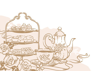 ティー・タイム、アンティーク小物のイラスト素材。ティーポットやティーカップ。ベクターイラスト