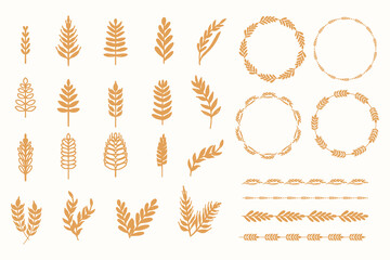 Gold wheat grain drawing vector collection set. Organic wheat plant icon symbol ornament.