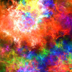 Composición de arte digital abstracto consistente en manchas en colores cálidos solapadas formando un conjunto con apariencia de ser la explosión de sol en una galaxia lejana.