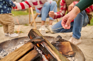 Male hand holding marshmallows on skewer over bonfire