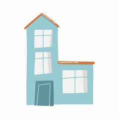 Cute doodle house in hand drawn style, design children nursery, room, clothes, map and textile cartoon vector illustration, isolated on white.