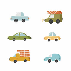 Set of cute doodle car in hand drawn style, design children nursery, room, clothes, map and textile cartoon vector illustration isolated on white.
