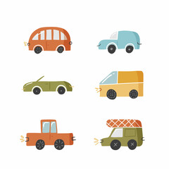 Set of cute doodle car in hand drawn style, design children nursery, room, clothes, map and textile cartoon vector illustration isolated on white.
