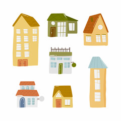Set of cute doodle shop house in hand drawn style, design children nursery, room, map and textile cartoon vector illustration, isolated on white.