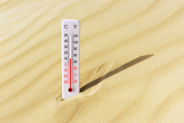 Sea coast at hot summer day. Celsius and fahrenheit scale thermometer in the sand. Ambient temperature plus 12 degrees celsius