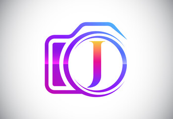 Initial J monogram letter with a camera icon. Logo for photography business, and company identity