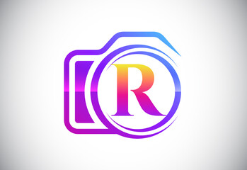 Initial R monogram letter with a camera icon. Logo for photography business, and company identity