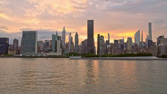 Hunters Point South Park waterfront view of Midtown Manhattan, NYC Cityscape