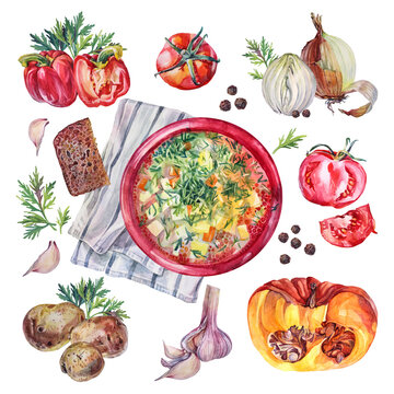 Set watercolor soup with vegetable: pepper tomato potato pumpkin onion garlic bread greenery dill in red plate on towel isolated on white background. Hand-drawn clipart hot food for kitchen cafe menu