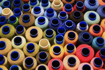 Spools of multicolored thread in a box