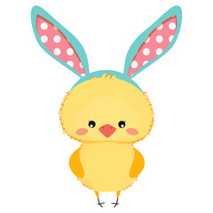 Cute baby chick with bunny ears. Easter vector illustration.