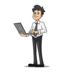 Office man working with laptop vector illustration with simple shadings. 