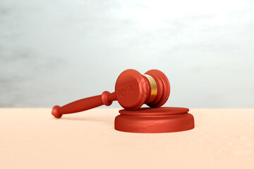 Judge gavel on the stand, from dark wood for court verdict. Auction hammer, law concept.  3d render illustration.