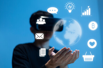 man using Metaverse Virtual Reality online transactions with data connection around the world by internet technology, big data, data search, online marketing.