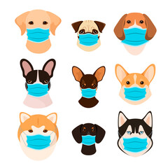 A set of dog heads in protective masks on a white background. Cartoon design.
