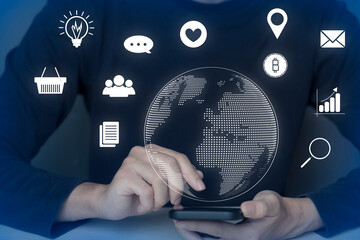 man using smartphone to do online transactions with data connection around the world by internet technology, big data, data search, online marketing