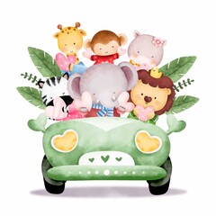 Watercolor cute safari animal in car  - obrazy, fototapety, plakaty